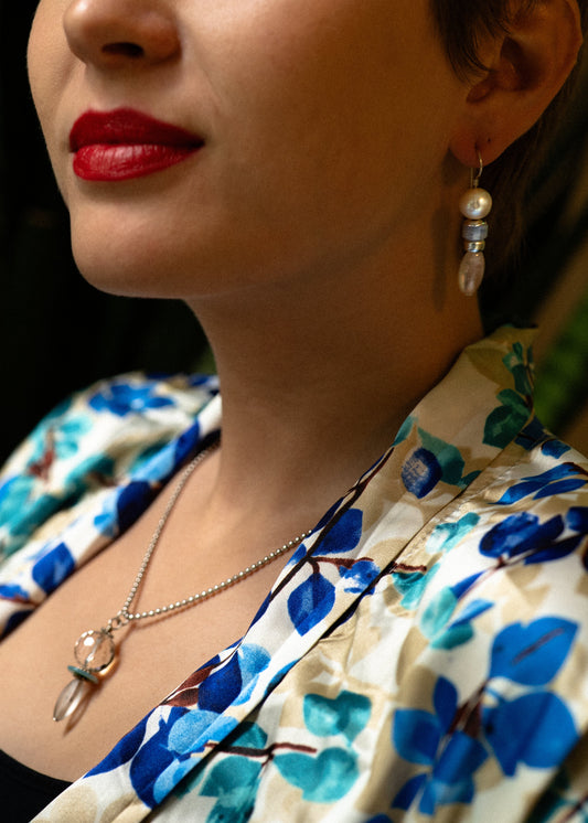 Pearl, Chalcedony and Rose Quartz Earrings