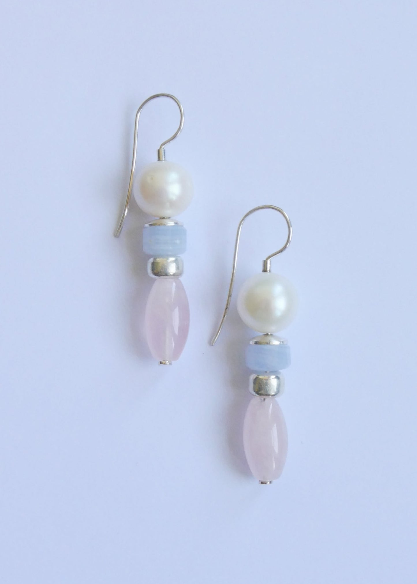 Pearl, Chlcedone and Rose Quartz Earrings