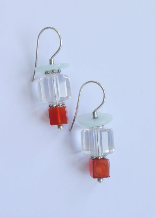 Rock Crystal, Pearl and Carnelian Earrings