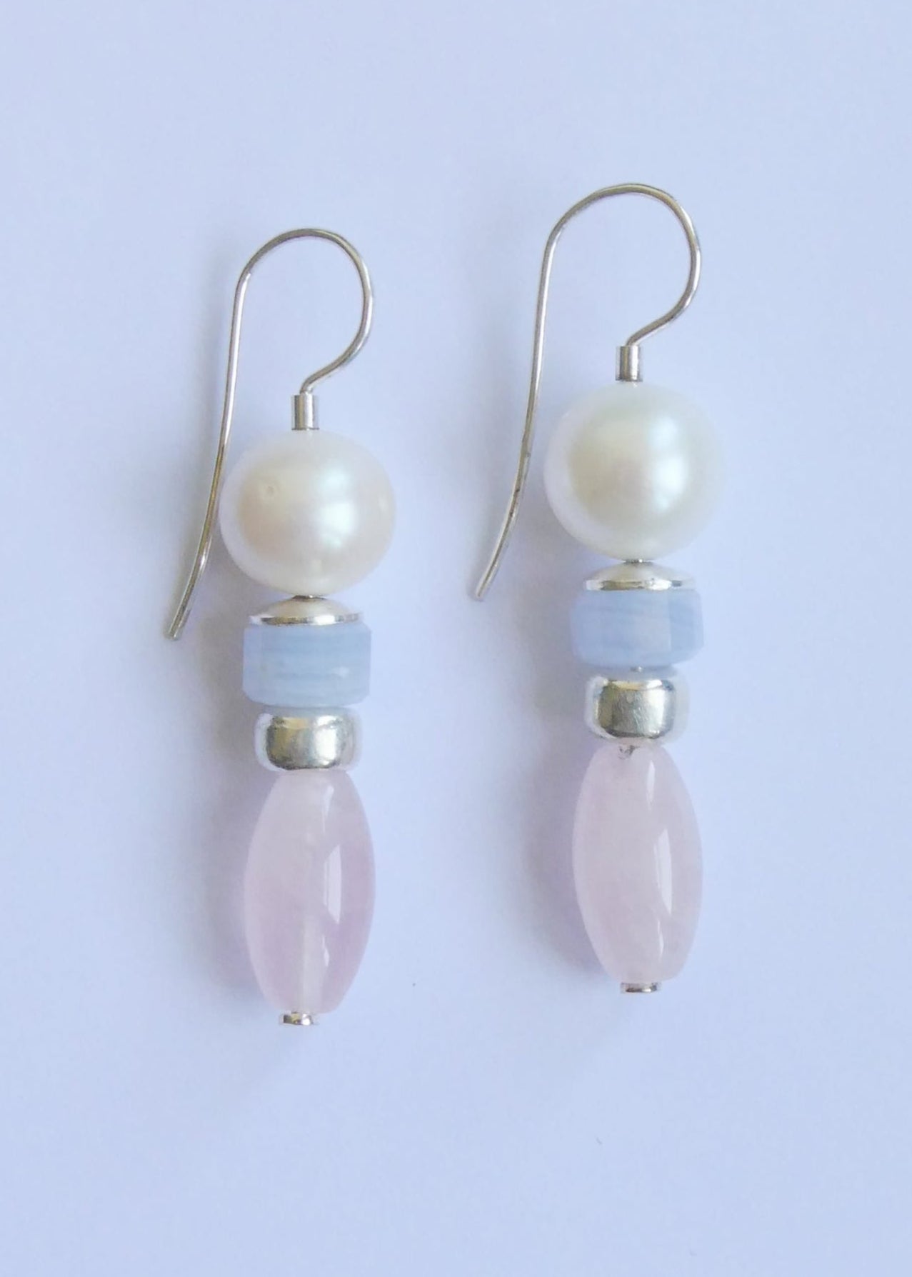 Pearl, Chlcedone and Rose Quartz Earrings